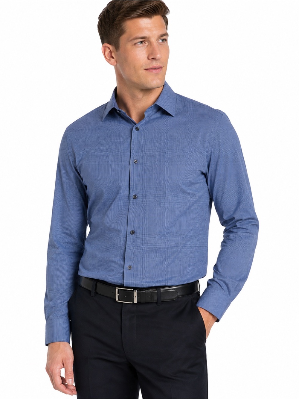 Calvin Klein Men’s XL Slim Fit Stretch Blue Poplin Check Dress Shirt